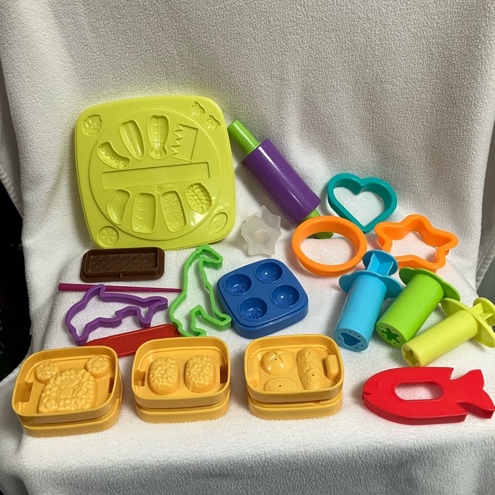 Kids Play Doh Mold and Cutter lot. Sushi molds, animals, shape pushers, roller